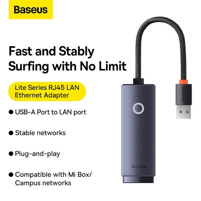 Переходник/Адаптер BASEUS Lite Series Ethernet Adapter (Aluminum Alloy), USB A- RJ45 (1000Mbps), серый Переходник/Адаптер BASEUS Lite Series Ethernet Adapter (Aluminum Alloy), USB A- RJ45 (1000Mbps), серый