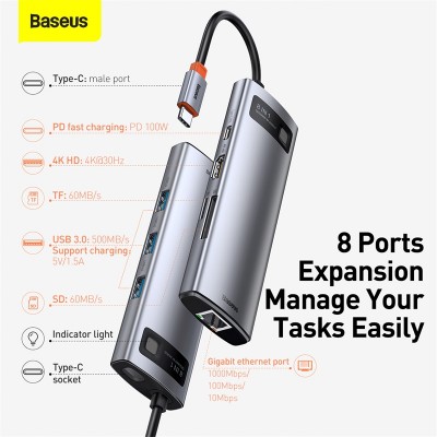 Переходник/Адаптер BASEUS Starjoy Series 8-in-1, Разветвитель, Type-C - USB3.0 + USB2.0 + HDMI + PD + 4K HD + RJ45 + SD/ Переходник/Адаптер BASEUS Starjoy Series 8-in-1, Разветвитель, Type-C - USB3.0 + USB2.0 + HDMI + PD + 4K HD + RJ45 + SD/