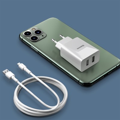 Зарядное устройство BASEUS Speed Mini Dual U Travel 2*USB + Кабель USB-Lightning, 2.1A, 10.5W, белый Зарядное устройство BASEUS Speed Mini Dual U Travel 2*USB + Кабель USB-Lightning, 2.1A, 10.5W, белый