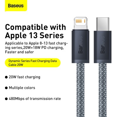Кабель USB-C BASEUS Dynamic Series Fast Charging, Type-C - Lightning, 20W, 2 м, серый шифер Кабель USB-C BASEUS Dynamic Series Fast Charging, Type-C - Lightning, 20W, 2 м, серый шифер