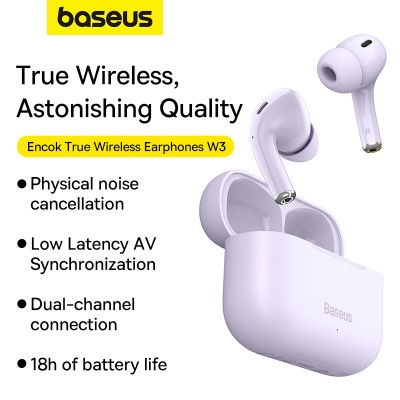 Беспроводные наушники BASEUS Encok W3, Bluetooth, 37 мАч, фиолетовый Беспроводные наушники BASEUS Encok W3, Bluetooth, 37 мАч, фиолетовый