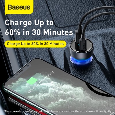 Автомобильное зарядное устройство BASEUS Particular, USB+USB-C + Кабель Type-C-Type-C, 5A, 65W, темно-серый, дисплей Автомобильное зарядное устройство BASEUS Particular, USB+USB-C + Кабель Type-C-Type-C, 5A, 65W, темно-серый, дисплей