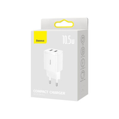 Зарядное устройство BASEUS Compact Charger 2U 2*USB, 2.1A, 10.5W, белый Зарядное устройство BASEUS Compact Charger 2U 2*USB, 2.1A, 10.5W, белый