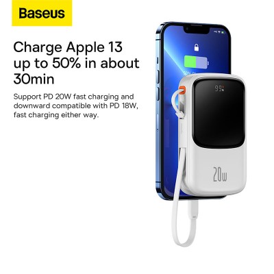Портативный аккумулятор BASEUS Qpow Pro Digital Display Fast Charge 20W iP Edition, 3A, 10000 мА⋅ч, белый, с кабелем Typ Портативный аккумулятор BASEUS Qpow Pro Digital Display Fast Charge 20W iP Edition, 3A, 10000 мА⋅ч, белый, с кабелем Typ