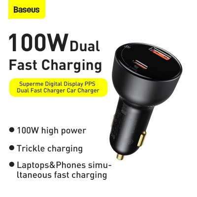 Автомобильное зарядное устройство BASEUS Superme Digital Display, USB+USB-C, 5A, 100W, черный Автомобильное зарядное устройство BASEUS Superme Digital Display, USB+USB-C, 5A, 100W, черный