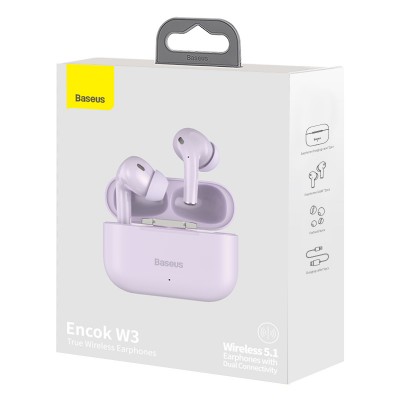 Беспроводные наушники BASEUS Encok W3, Bluetooth, 37 мАч, фиолетовый Беспроводные наушники BASEUS Encok W3, Bluetooth, 37 мАч, фиолетовый
