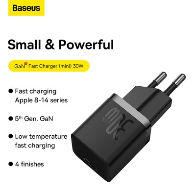 Зарядное устройство BASEUS GaN5 Fast Charger(mini) USB-C, 3A, 30W, черный Зарядное устройство BASEUS GaN5 Fast Charger(mini) USB-C, 3A, 30W, черный