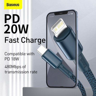 Кабель USB-C BASEUS High Density Braided, Type-C - Lightning, 20W, 1 м, синий Кабель USB-C BASEUS High Density Braided, Type-C - Lightning, 20W, 1 м, синий