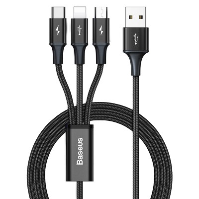 Кабель USB BASEUS Rapid Series 3-in-1, USB - MicroUSB+Type-C+Lightning, 3A, 1.2 м, черный Кабель USB BASEUS Rapid Series 3-in-1, USB - MicroUSB+Type-C+Lightning, 3A, 1.2 м, черный