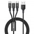 Кабель USB BASEUS Rapid Series 3-in-1, USB - MicroUSB+Type-C+Lightning, 3A, 1.2 м, черный Кабель USB BASEUS Rapid Series 3-in-1, USB - MicroUSB+Type-C+Lightning, 3A, 1.2 м, черный
