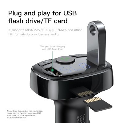 FM - Трансмиттер BASEUS T typed, 2*USB, 3.4A, черный, дисплей,Bluetooth,SD/TF FM - Трансмиттер BASEUS T typed, 2*USB, 3.4A, черный, дисплей,Bluetooth,SD/TF