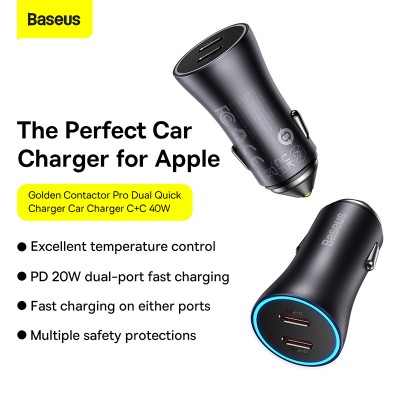 Автомобильное зарядное устройство BASEUS Golden Contactor Max Dual Fast Charger, 2*USB-C, 5A, 40W, темно-серый Автомобильное зарядное устройство BASEUS Golden Contactor Max Dual Fast Charger, 2*USB-C, 5A, 40W, темно-серый