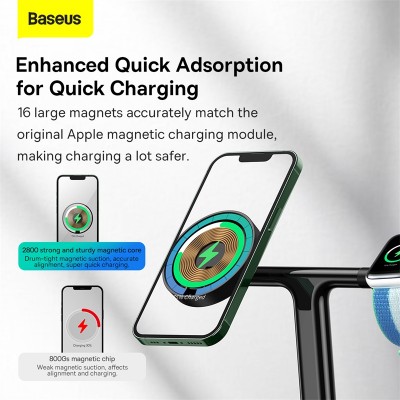 Беспроводное зарядное устройство BASEUS Swan 3-in-1 Wireless Magnetic Charging Bracket 20W + Кабель USB-Type-C, 2A, 15W, Беспроводное зарядное устройство BASEUS Swan 3-in-1 Wireless Magnetic Charging Bracket 20W + Кабель USB-Type-C, 2A, 15W,