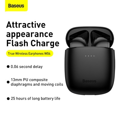 Беспроводные наушники BASEUS W04, Bluetooth, 37 мАч, черный Беспроводные наушники BASEUS W04, Bluetooth, 37 мАч, черный