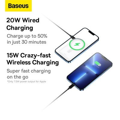 Портативный аккумулятор BASEUS Magnetic Bracket Wireless Charging 20W, 3A, 10000 мА⋅ч, белый, с беспроводной зарядкой Портативный аккумулятор BASEUS Magnetic Bracket Wireless Charging 20W, 3A, 10000 мА⋅ч, белый, с беспроводной зарядкой