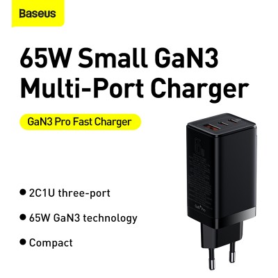 Зарядное устройство BASEUS GaN3 Pro USB+2*USB-C + Кабель Type-C-Type-C, 3A, 65W, черный, с кабелем Зарядное устройство BASEUS GaN3 Pro USB+2*USB-C + Кабель Type-C-Type-C, 3A, 65W, черный, с кабелем