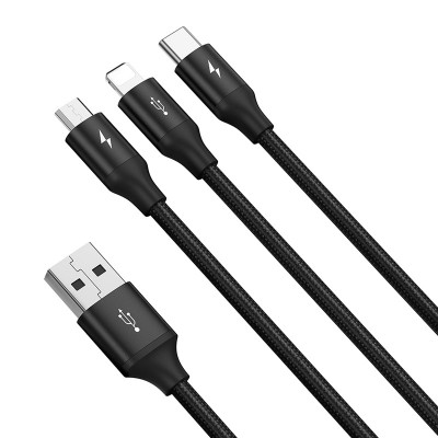 Кабель USB BASEUS Rapid Series 3-in-1, USB - MicroUSB+Type-C+Lightning, 3A, 1.2 м, черный Кабель USB BASEUS Rapid Series 3-in-1, USB - MicroUSB+Type-C+Lightning, 3A, 1.2 м, черный
