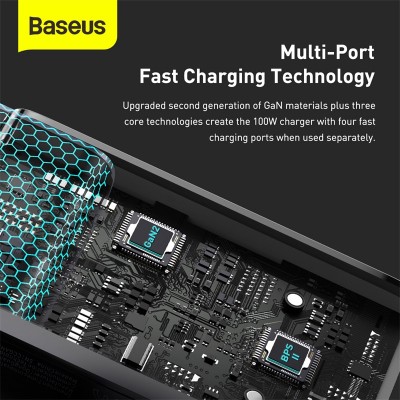 Зарядное устройство BASEUS GaN2 Pro Quick Charger 2*USB+2*USB-C, 5A, 100W, черный Зарядное устройство BASEUS GaN2 Pro Quick Charger 2*USB+2*USB-C, 5A, 100W, черный