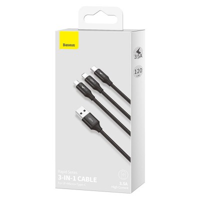 Кабель USB BASEUS Rapid Series 3-in-1, USB - MicroUSB+Type-C+Lightning, 3A, 1.2 м, черный Кабель USB BASEUS Rapid Series 3-in-1, USB - MicroUSB+Type-C+Lightning, 3A, 1.2 м, черный