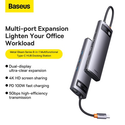 Переходник/Адаптер BASEUS Starjoy Series 8-in-1, Разветвитель, Type-C - 3xUSB3.0+ 2*HDMI+PD+SD/TF, серый Переходник/Адаптер BASEUS Starjoy Series 8-in-1, Разветвитель, Type-C - 3xUSB3.0+ 2*HDMI+PD+SD/TF, серый