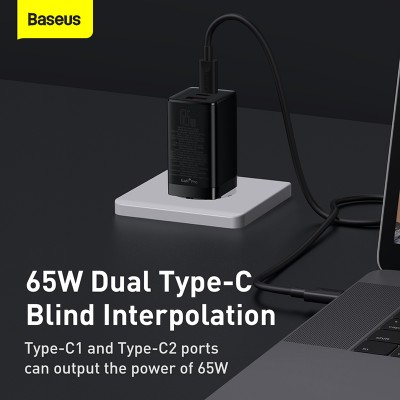 Зарядное устройство BASEUS GaN3 Pro USB+2*USB-C + Кабель Type-C-Type-C, 3A, 65W, черный, с кабелем Зарядное устройство BASEUS GaN3 Pro USB+2*USB-C + Кабель Type-C-Type-C, 3A, 65W, черный, с кабелем