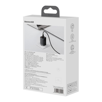 Зарядное устройство BASEUS GaN3 Pro USB+2*USB-C + Кабель Type-C-Type-C, 3A, 65W, черный, с кабелем Зарядное устройство BASEUS GaN3 Pro USB+2*USB-C + Кабель Type-C-Type-C, 3A, 65W, черный, с кабелем