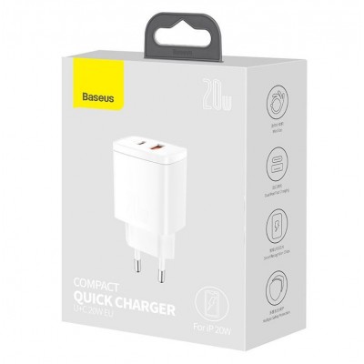 Зарядное устройство BASEUS Compact Quick Charger USB+Type-C, 3A, 20W, белый Зарядное устройство BASEUS Compact Quick Charger USB+Type-C, 3A, 20W, белый