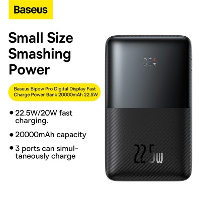 Портативный аккумулятор BASEUS Bipow Pro Digital Display Fast Charge 22.5W, 3A, 20000 мА⋅ч, черный Портативный аккумулятор BASEUS Bipow Pro Digital Display Fast Charge 22.5W, 3A, 20000 мА⋅ч, черный