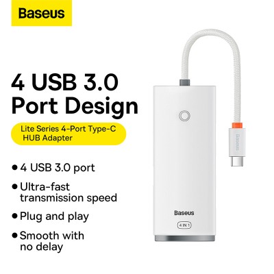 Переходник/Адаптер BASEUS Lite Series 4-Port, Разветвитель, Type-C - 4xUSB3.0, белый, кабель 0,25см Переходник/Адаптер BASEUS Lite Series 4-Port, Разветвитель, Type-C - 4xUSB3.0, белый, кабель 0,25см