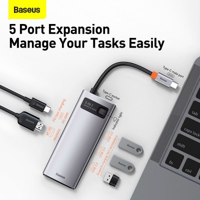 Переходник/Адаптер BASEUS Metal Gleam Series 5-in-1, Разветвитель, Type-C - USB3.0 + USB2.0 + HDMI + PD + 4K HD, серый Переходник/Адаптер BASEUS Metal Gleam Series 5-in-1, Разветвитель, Type-C - USB3.0 + USB2.0 + HDMI + PD + 4K HD, серый
