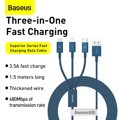 Кабель USB BASEUS Superior Series Fast Charging, USB - MicroUSB+Type-C+Lightning, 3.5A, 1.5 м, синий Кабель USB BASEUS Superior Series Fast Charging, USB - MicroUSB+Type-C+Lightning, 3.5A, 1.5 м, синий