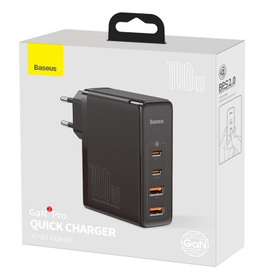 Зарядное устройство BASEUS GaN2 Pro Quick Charger 2*USB+2*USB-C, 5A, 100W, черный Зарядное устройство BASEUS GaN2 Pro Quick Charger 2*USB+2*USB-C, 5A, 100W, черный