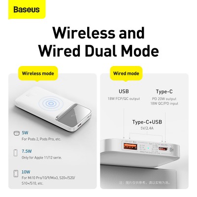 Портативный аккумулятор BASEUS Magnetic Wireless Fast Charging 20W, 2.4A, 10000 мА⋅ч, белый, с беспроводной зарядкой Портативный аккумулятор BASEUS Magnetic Wireless Fast Charging 20W, 2.4A, 10000 мА⋅ч, белый, с беспроводной зарядкой