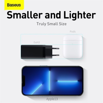 Зарядное устройство BASEUS GaN3 Pro USB+2*USB-C + Кабель Type-C-Type-C, 3A, 65W, черный, с кабелем Зарядное устройство BASEUS GaN3 Pro USB+2*USB-C + Кабель Type-C-Type-C, 3A, 65W, черный, с кабелем