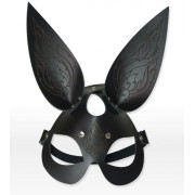 Чёрная кожаная маска с длинными ушками и эффектом тату