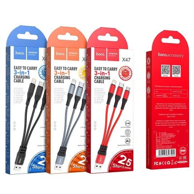 Кабель hoco X47 3-in-1 Harbor charging cable (Lightning+Micro+Type-C) - Metal Gray Кабель hoco X47 3-in-1 Harbor charging cable (Lightning+Micro+Type-C) - Metal Gray