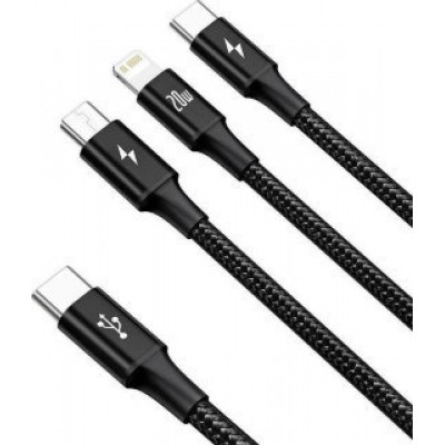 Кабель Baseus Rapid Series 3-in-1 Fast Charging Data Cable Type-C to C+L+C PD 20W 1.5m (CAMLT-SC01) - Черный Кабель Baseus Rapid Series 3-in-1 Fast Charging Data Cable Type-C to C+L+C PD 20W 1.5m (CAMLT-SC01) - Черный