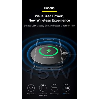 Беспроводная зарядка Baseus Digital LED Display Gen 2 Wireless Charger 15W (CCED000001) - Black Беспроводная зарядка Baseus Digital LED Display Gen 2 Wireless Charger 15W (CCED000001) - Black