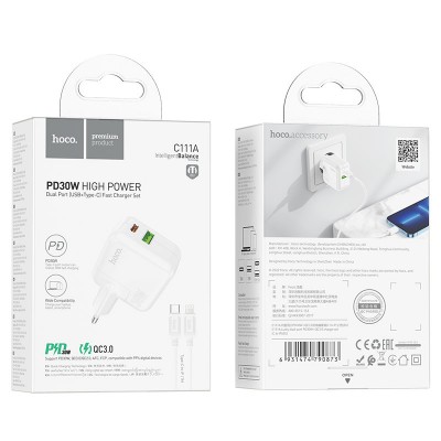 Зарядный конвертер Hoco C111A Lucky dual-port PD30W+QC3.0 Charger set (type-c to ip)(EU) - White Зарядный конвертер Hoco C111A Lucky dual-port PD30W+QC3.0 Charger set (type-c to ip)(EU) - White