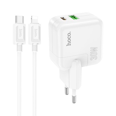 Зарядный конвертер Hoco C111A Lucky dual-port PD30W+QC3.0 Charger set (type-c to ip)(EU) - White Зарядный конвертер Hoco C111A Lucky dual-port PD30W+QC3.0 Charger set (type-c to ip)(EU) - White
