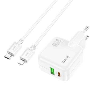 Зарядный конвертер Hoco C111A Lucky dual-port PD30W+QC3.0 Charger set (type-c to ip)(EU) - White Зарядный конвертер Hoco C111A Lucky dual-port PD30W+QC3.0 Charger set (type-c to ip)(EU) - White