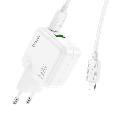 Зарядный конвертер Hoco C111A Lucky dual-port PD30W+QC3.0 Charger set (type-c to ip)(EU) - White Зарядный конвертер Hoco C111A Lucky dual-port PD30W+QC3.0 Charger set (type-c to ip)(EU) - White