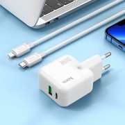 Зарядный конвертер Hoco C111A Lucky dual-port PD30W+QC3.0 Charger set (type-c to ip)(EU) - White
