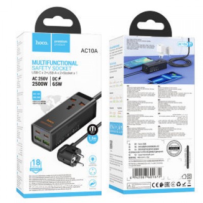 Сетевое зарядное устройство Hoco AC10A barry PD65W (2C2A with 1 socket) desktop charger (EU) - Черный Сетевое зарядное устройство Hoco AC10A barry PD65W (2C2A with 1 socket) desktop charger (EU) - Черный