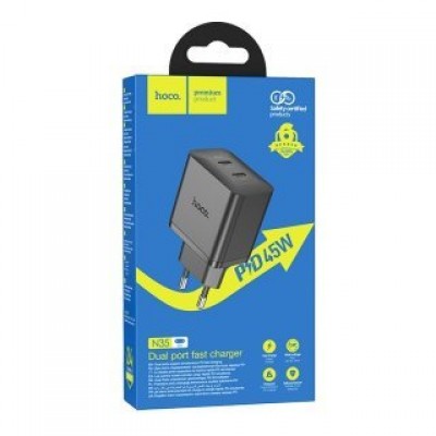 Зарядное устройство Hoco N35 streamer dual-port PD45W (2C) charger (EU) - Black Зарядное устройство Hoco N35 streamer dual-port PD45W (2C) charger (EU) - Black
