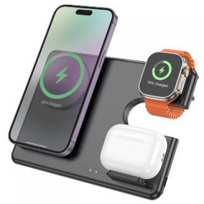 Магнитная беспроводная зарядка Hoco CQ1 Geek folding 3-in-1 magnetic wireless fast charger (for iwatch) - Черный Магнитная беспроводная зарядка Hoco CQ1 Geek folding 3-in-1 magnetic wireless fast charger (for iwatch) - Черный