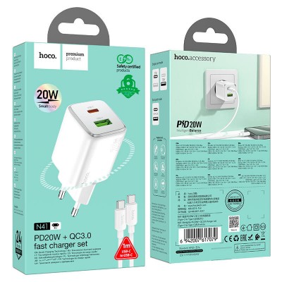Зарядка Hoco N41 Almighty PD20W+QC3.0 Charger Set (Type-c to Type-c)(EU) - White Зарядка Hoco N41 Almighty PD20W+QC3.0 Charger Set (Type-c to Type-c)(EU) - White