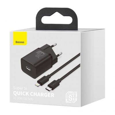 Зарядка Baseus Super Si Quick Charger 1C 20W EU Sets Black (With Baseus Simple Wisdom Data Cable Type-C to iP 1m) (TZCCSUP-B01) - Black Зарядка Baseus Super Si Quick Charger 1C 20W EU Sets Black (With Baseus Simple Wisdom Data Cable Type-C to iP 1m) (TZCCSUP-B01) - Black