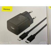 Зарядка Baseus Super Si Quick Charger 1C 20W EU Sets Black (With Baseus Simple Wisdom Data Cable Type-C to iP 1m) (TZCCSUP-B01) - Black