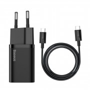 Зарядка Baseus Super Si Quick Charger 1C 25W EU Sets Black (With Mini White Cable Type-C to Type-C 3A 1m Black) (TZCCSUP-L01)